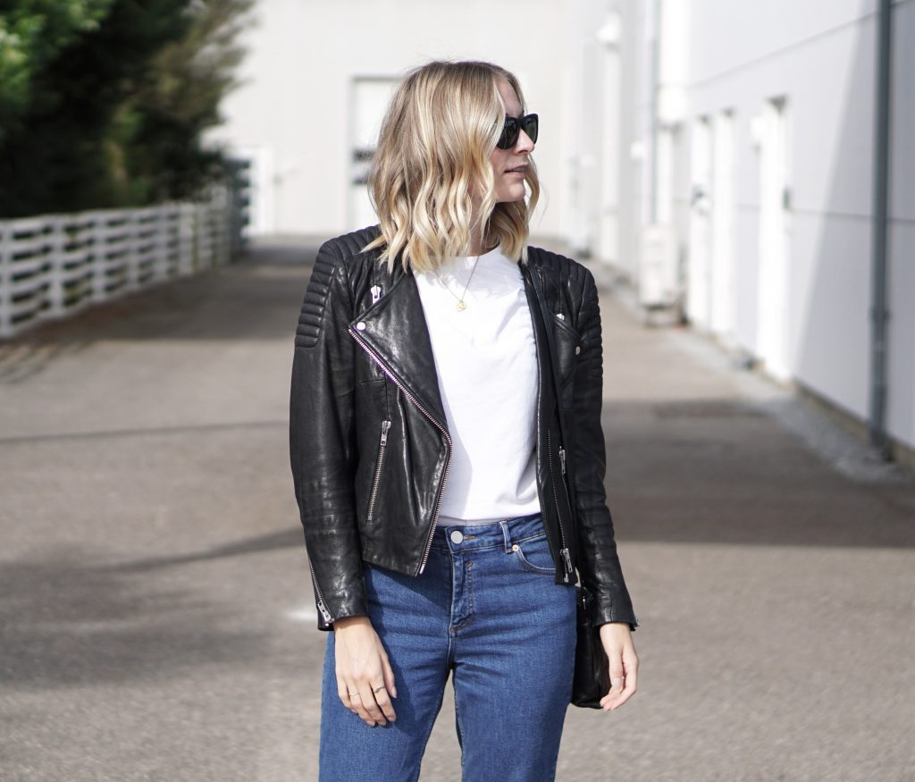 Style: true blue jeans & leather jacket.