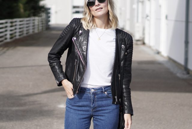 Style: true blue jeans & leather jacket.